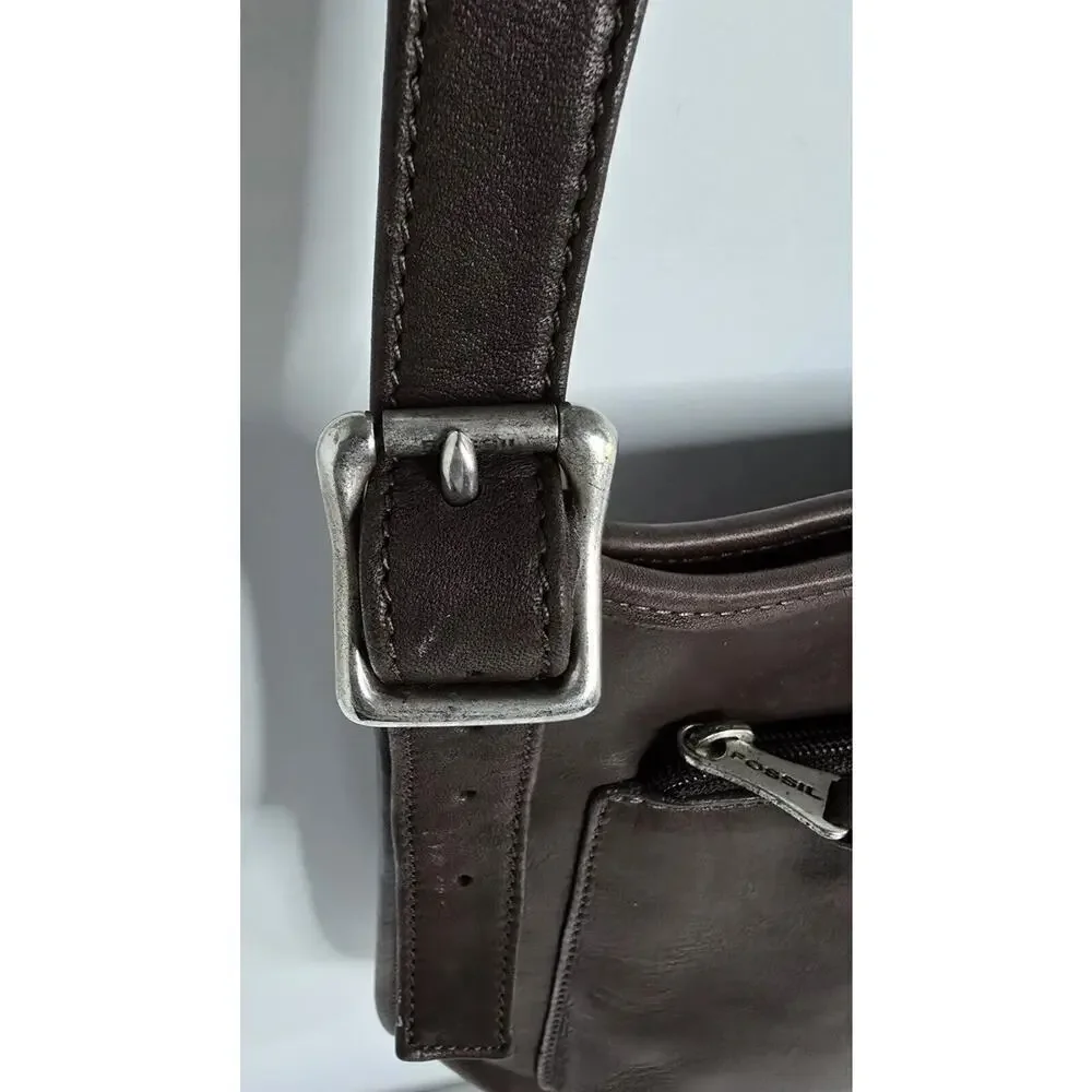 Vintage Fossil Leather Crossbody Sling Bag Brown Unisex Front Zip Pocket 90's